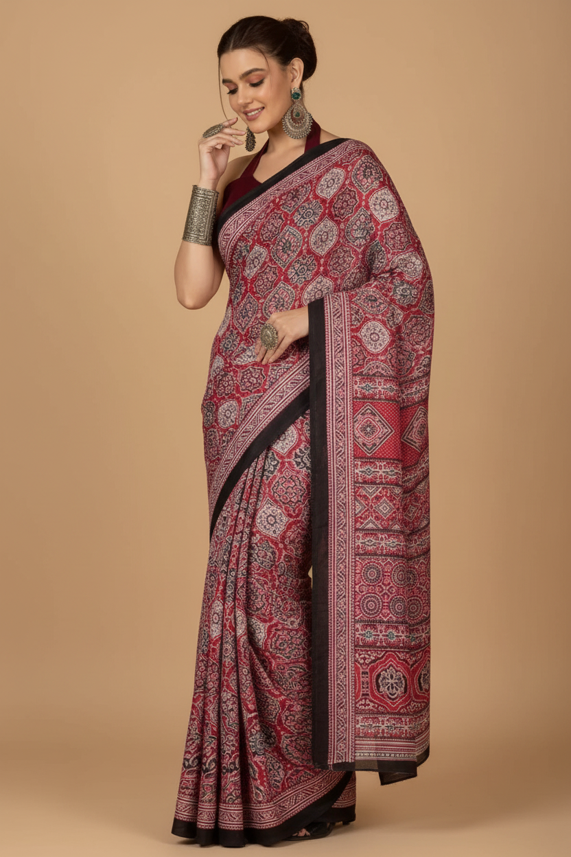 Snuggle Spot Women's Crepe Printed Saree With Unstitched Blouse 5.5Mtr (Maroon)