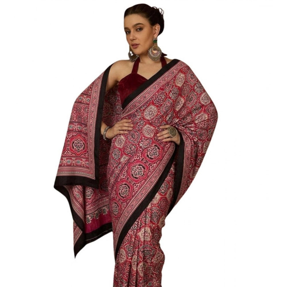 Snuggle Spot Women's Crepe Printed Saree With Unstitched Blouse 5.5Mtr (Maroon)