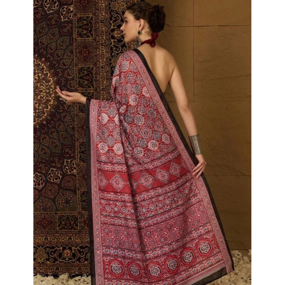 Snuggle Spot Women's Crepe Printed Saree With Unstitched Blouse 5.5Mtr (Maroon)