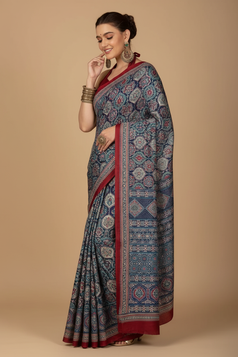 Snuggle Spot Women's Crepe Printed Saree With Unstitched Blouse 5.5Mtr (Navy Blue)