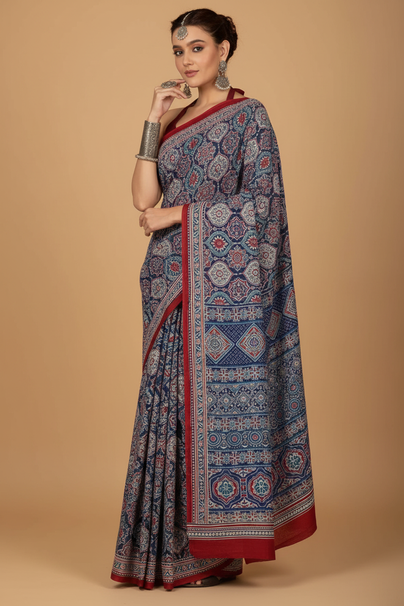 Snuggle Spot Women's Crepe Printed Saree With Unstitched Blouse 5.5Mtr (Navy Blue)