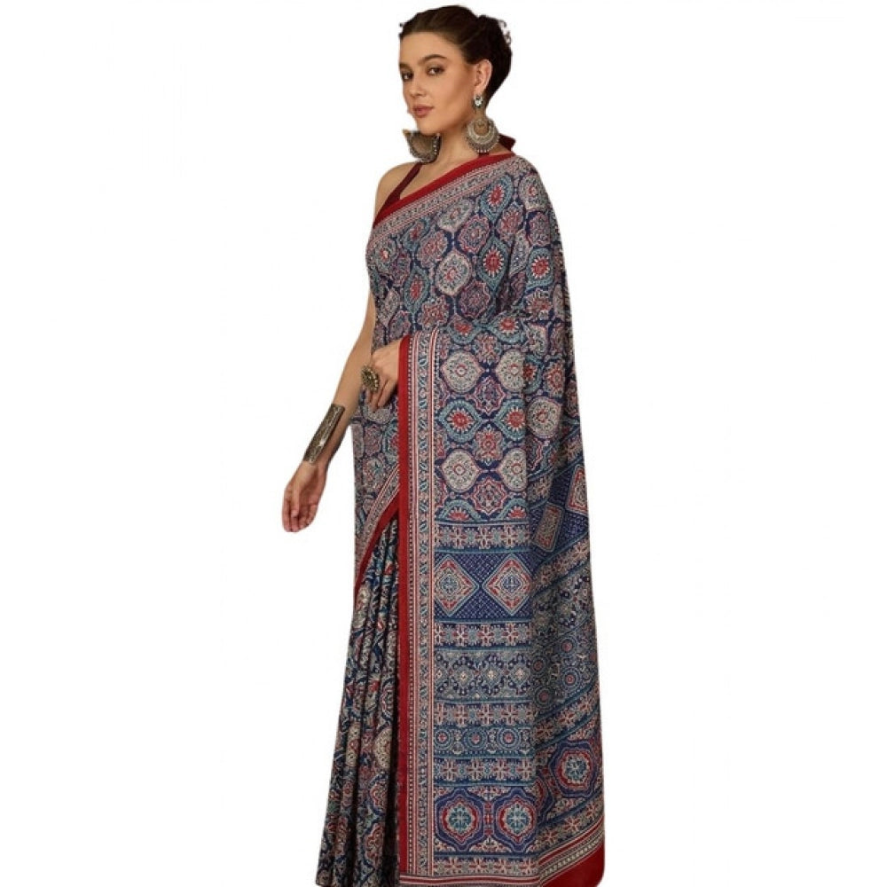 Snuggle Spot Women's Crepe Printed Saree With Unstitched Blouse 5.5Mtr (Navy Blue)