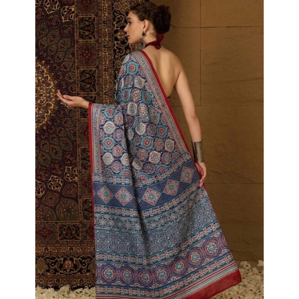 Snuggle Spot Women's Crepe Printed Saree With Unstitched Blouse 5.5Mtr (Navy Blue)