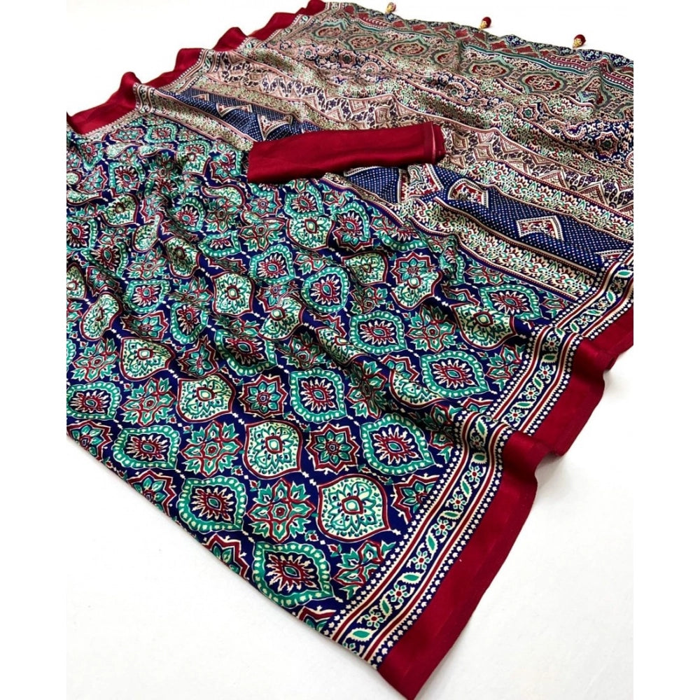 Snuggle Spot Women's Crepe Printed Saree With Unstitched Blouse 5.5Mtr (Navy Blue)