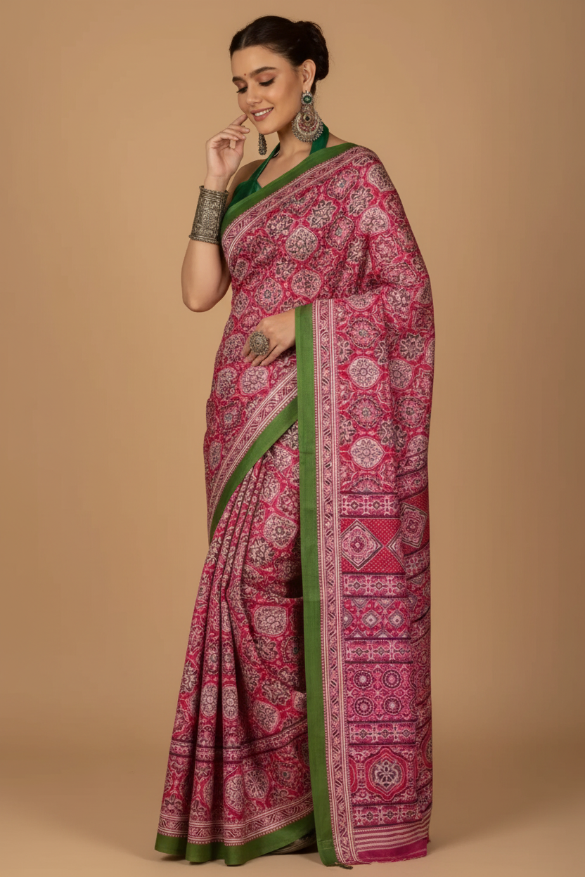 Snuggle Spot Women's Crepe Printed Saree With Unstitched Blouse 5.5Mtr (Pink)