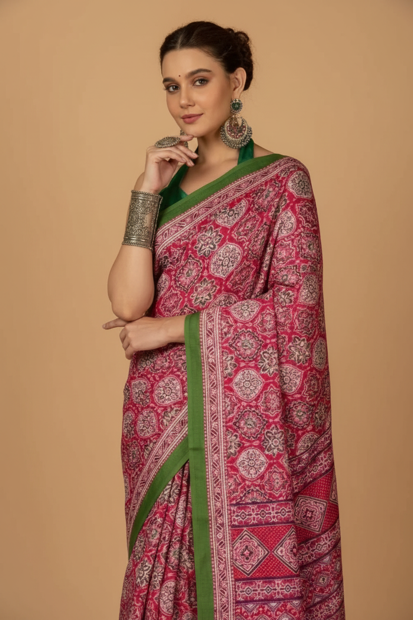 Snuggle Spot Women's Crepe Printed Saree With Unstitched Blouse 5.5Mtr (Pink)