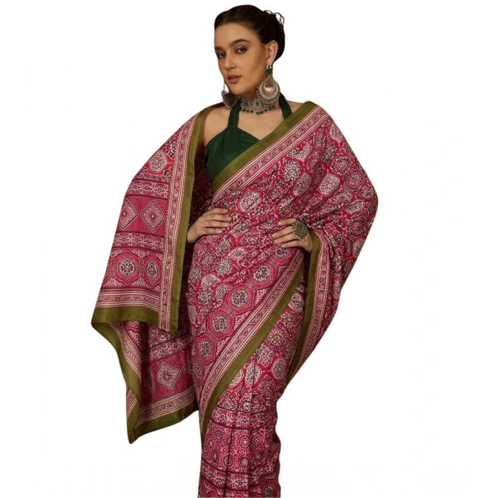 Snuggle Spot Women's Crepe Printed Saree With Unstitched Blouse 5.5Mtr (Pink)