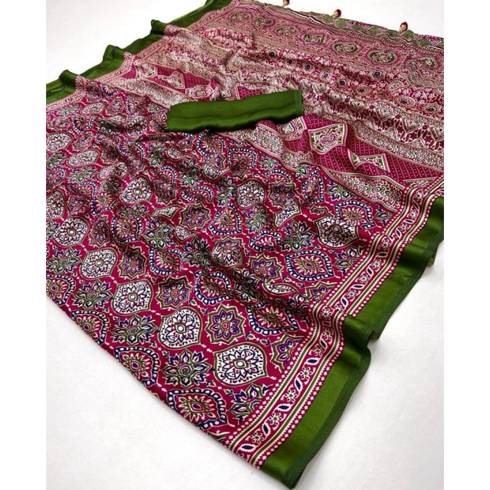 Snuggle Spot Women's Crepe Printed Saree With Unstitched Blouse 5.5Mtr (Pink)