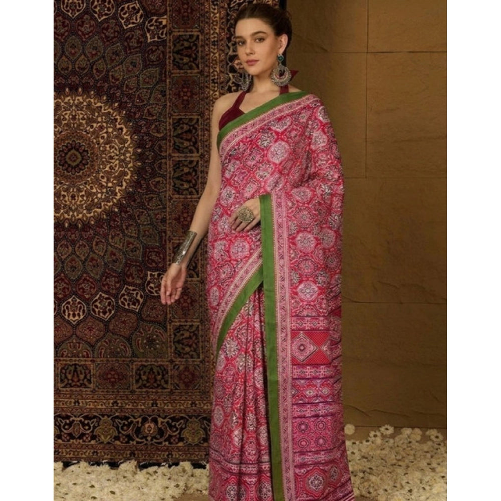 Snuggle Spot Women's Crepe Printed Saree With Unstitched Blouse 5.5Mtr (Pink)