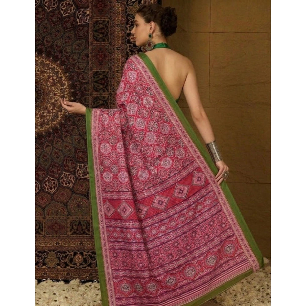 Snuggle Spot Women's Crepe Printed Saree With Unstitched Blouse 5.5Mtr (Pink)