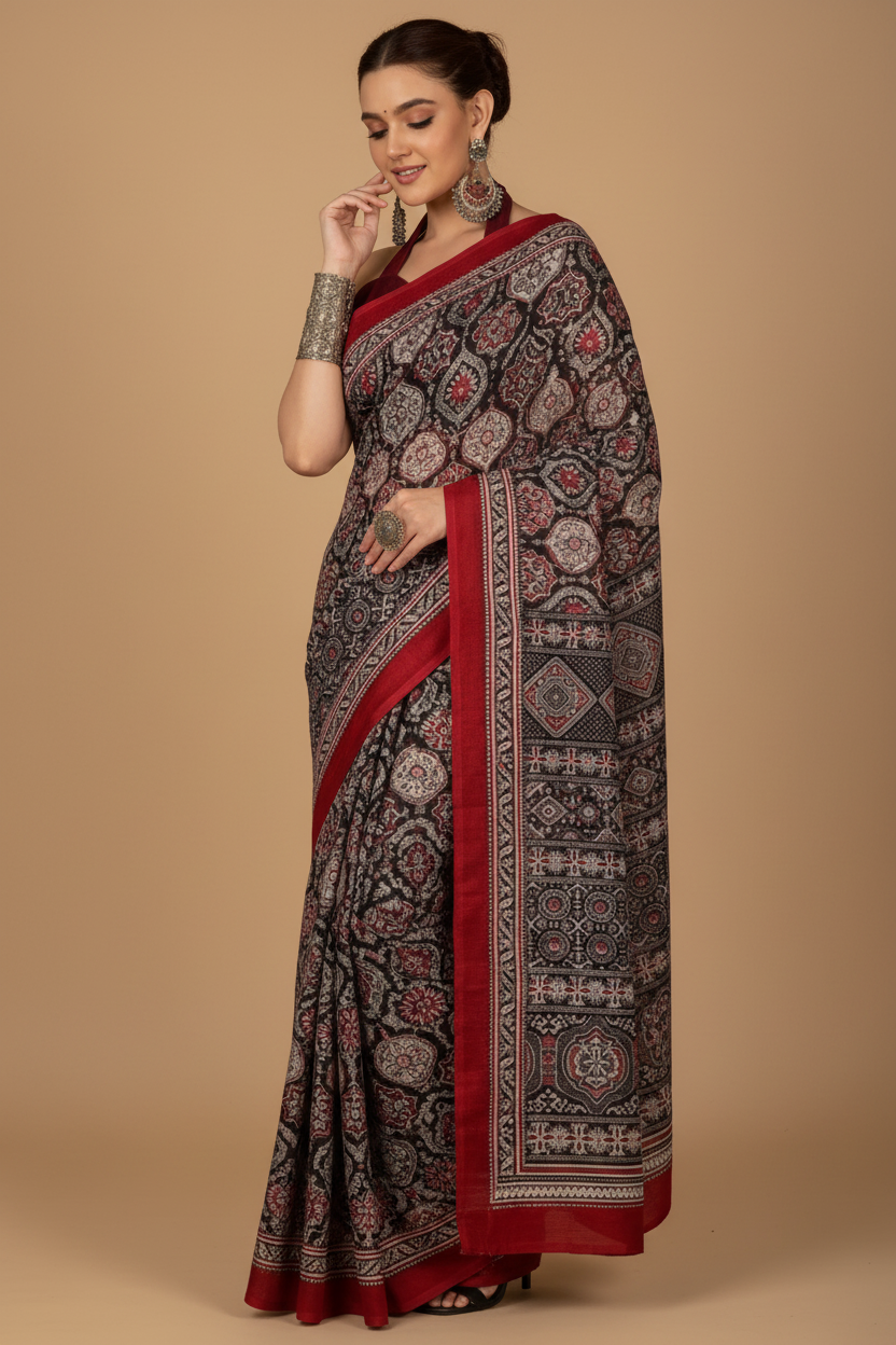 Snuggle Spot Women's Crepe Printed Saree With Unstitched Blouse 5.5Mtr (Multicolor)