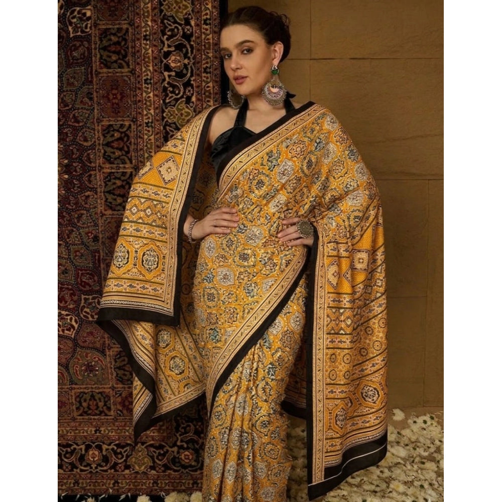 Snuggle Spot Women's Crepe Printed Saree With Unstitched Blouse 5.5Mtr (Yellow)