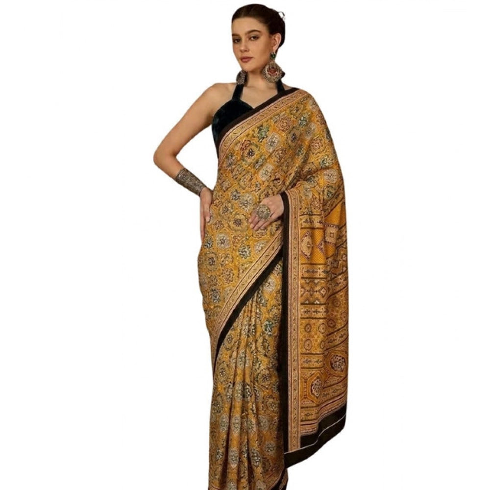 Snuggle Spot Women's Crepe Printed Saree With Unstitched Blouse 5.5Mtr (Yellow)