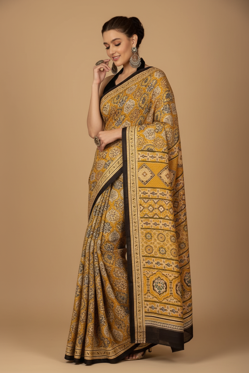 Snuggle Spot Women's Crepe Printed Saree With Unstitched Blouse 5.5Mtr (Yellow)