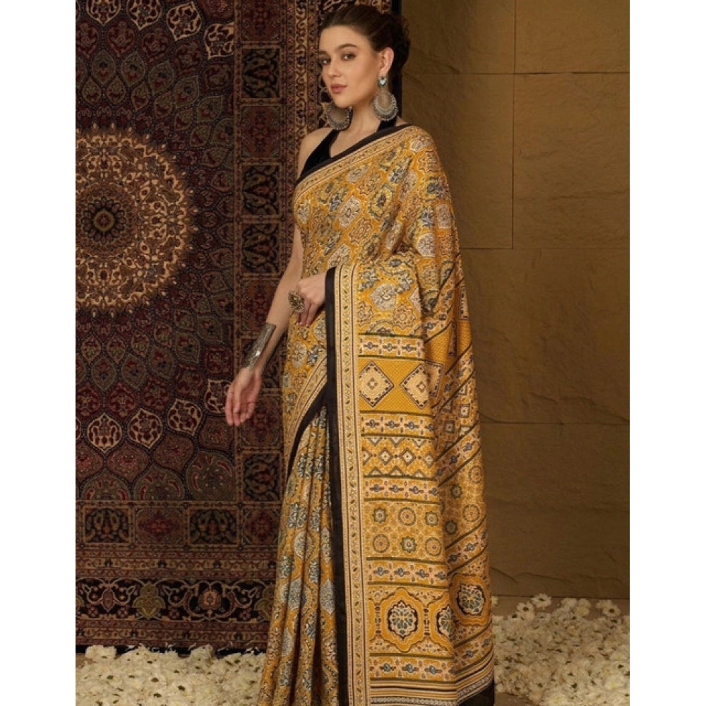 Snuggle Spot Women's Crepe Printed Saree With Unstitched Blouse 5.5Mtr (Yellow)