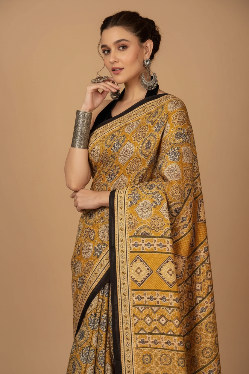 Snuggle Spot Women's Crepe Printed Saree With Unstitched Blouse 5.5Mtr (Yellow)