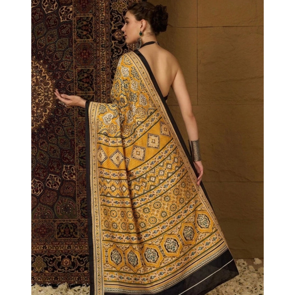 Snuggle Spot Women's Crepe Printed Saree With Unstitched Blouse 5.5Mtr (Yellow)
