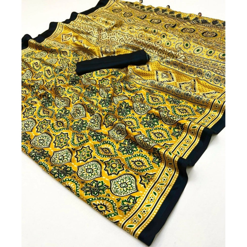 Snuggle Spot Women's Crepe Printed Saree With Unstitched Blouse 5.5Mtr (Yellow)
