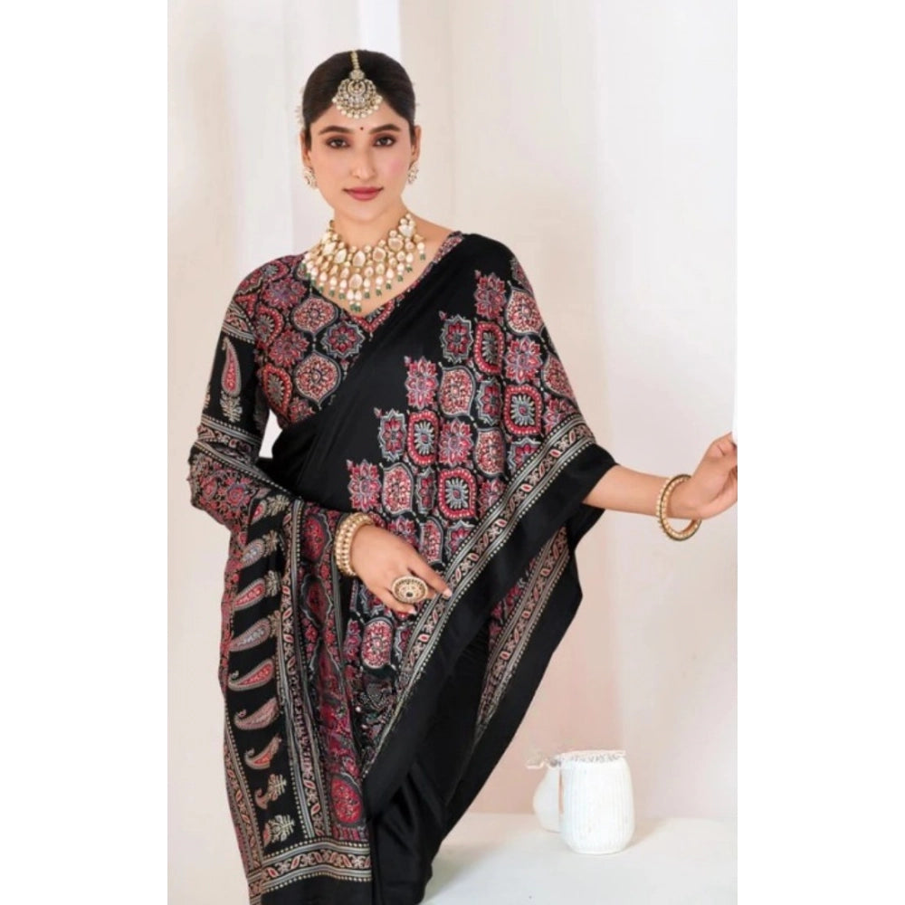 Snuggle Spot Women's Crepe Printed Saree With Unstitched Blouse 5.5Mtr (Black)