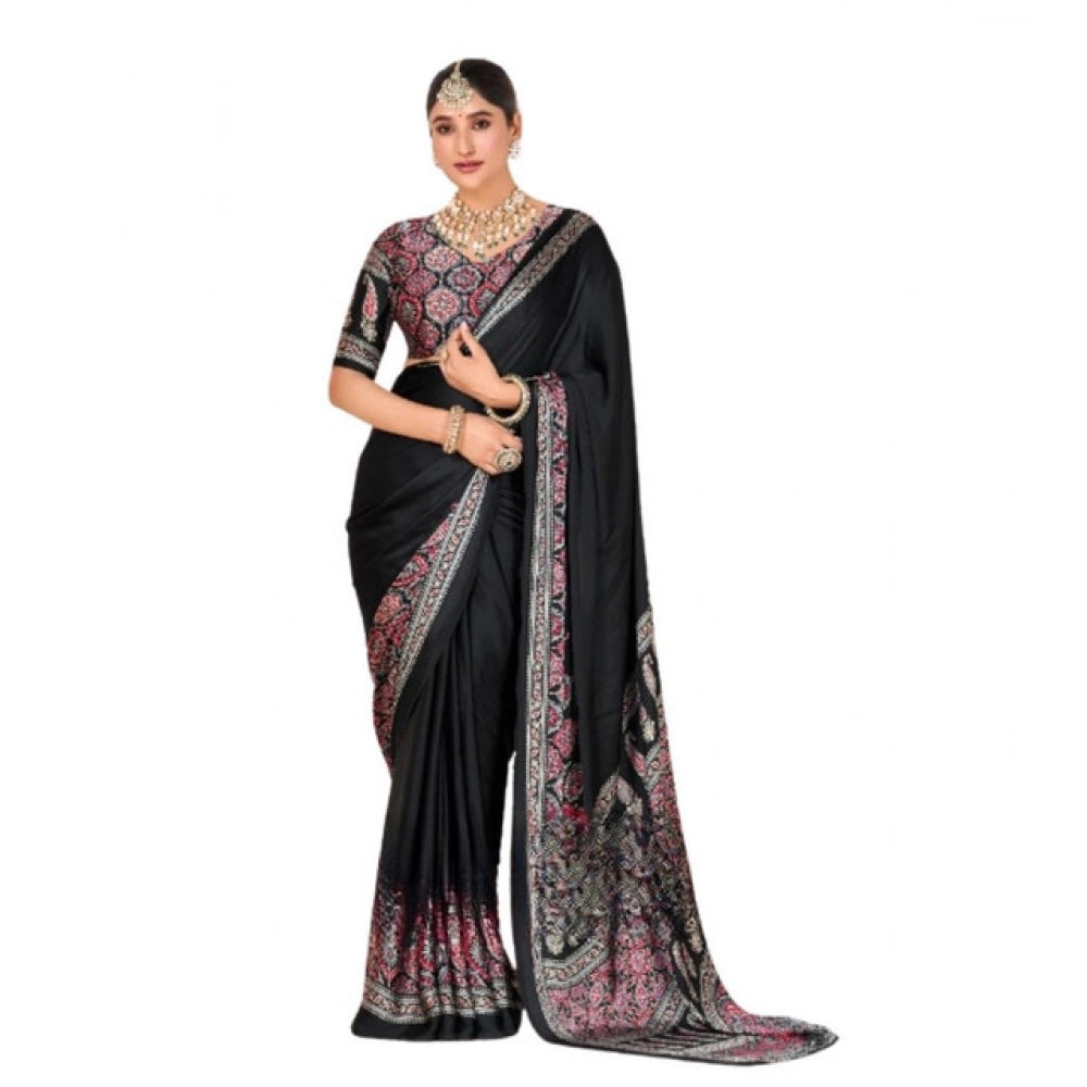 Snuggle Spot Women's Crepe Printed Saree With Unstitched Blouse 5.5Mtr (Black)