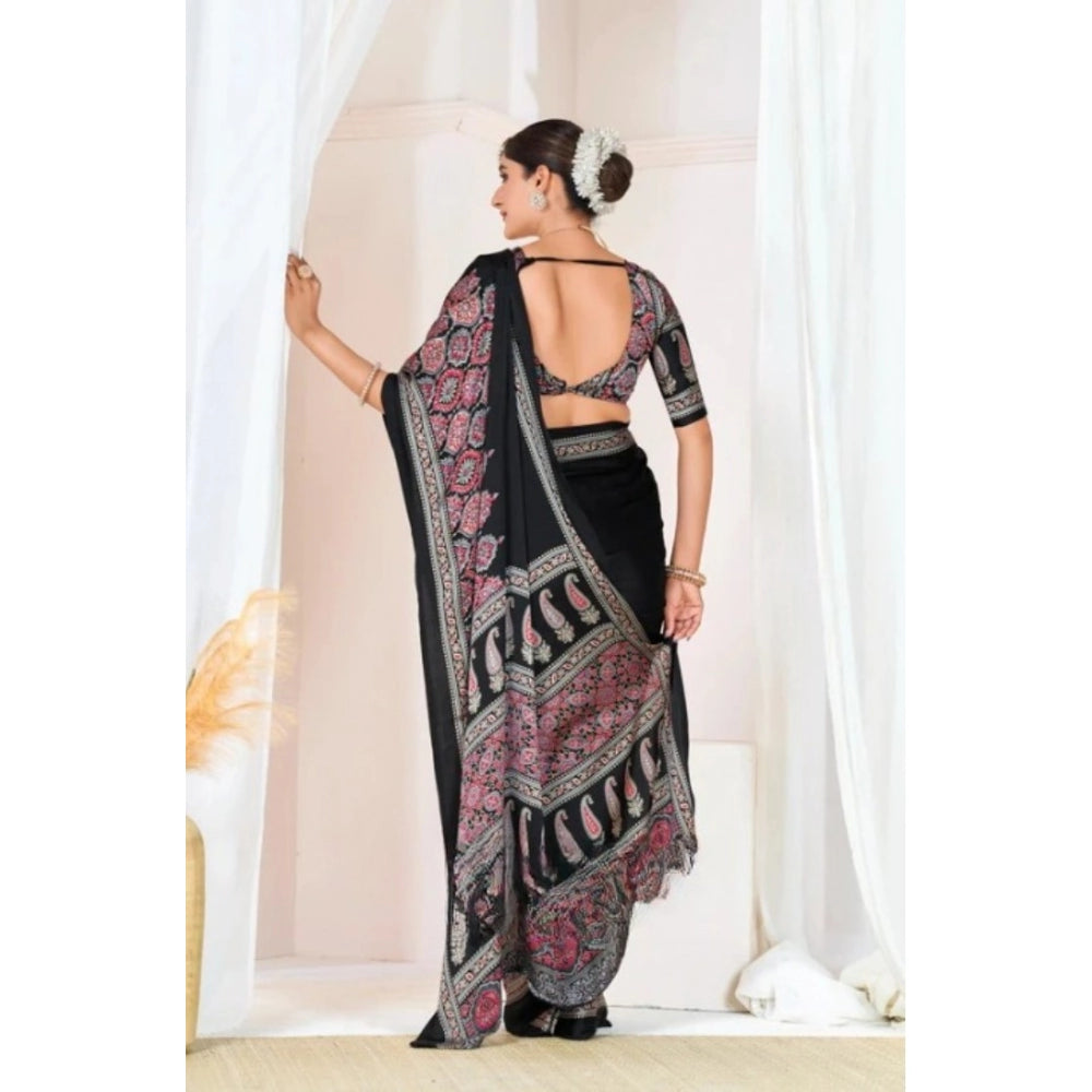 Snuggle Spot Women's Crepe Printed Saree With Unstitched Blouse 5.5Mtr (Black)