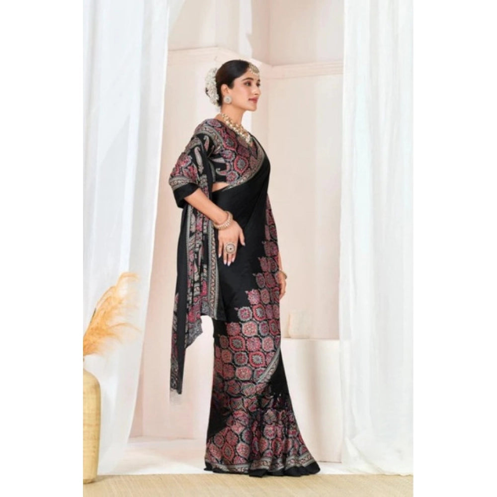 Snuggle Spot Women's Crepe Printed Saree With Unstitched Blouse 5.5Mtr (Black)