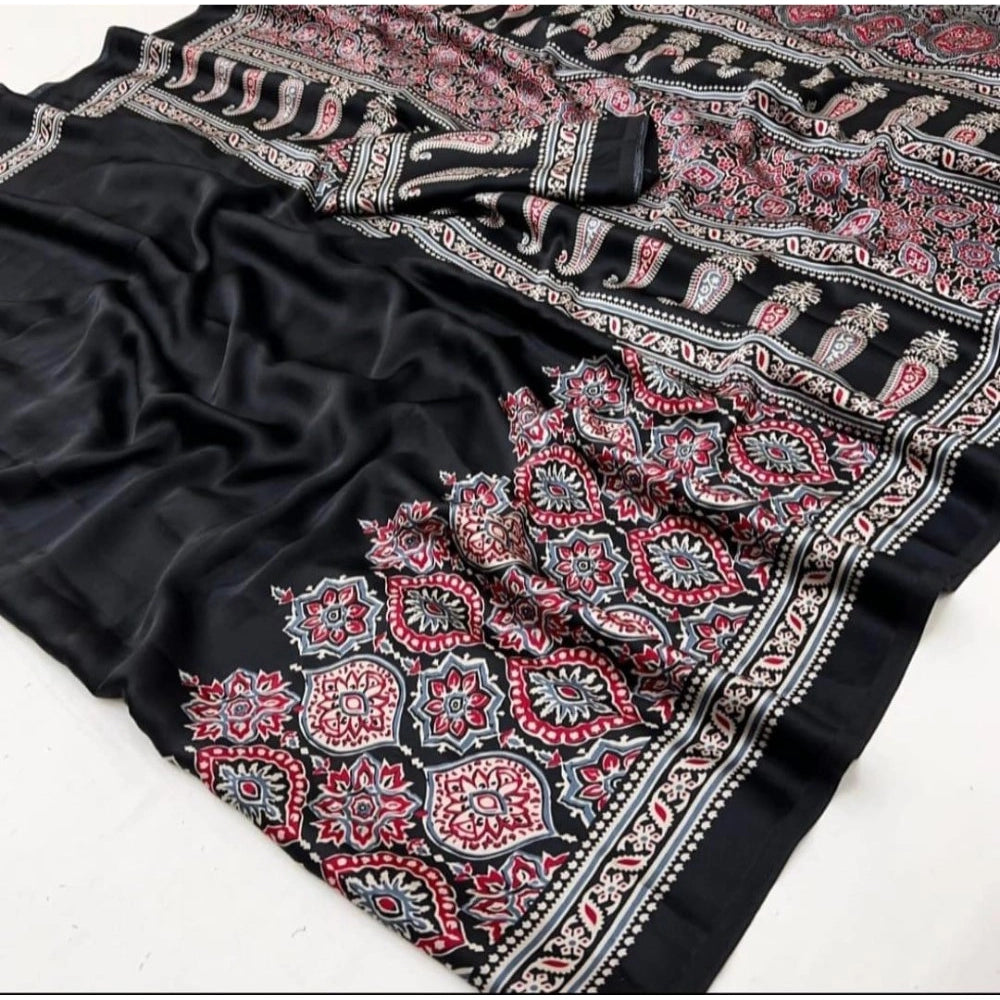 Snuggle Spot Women's Crepe Printed Saree With Unstitched Blouse 5.5Mtr (Black)
