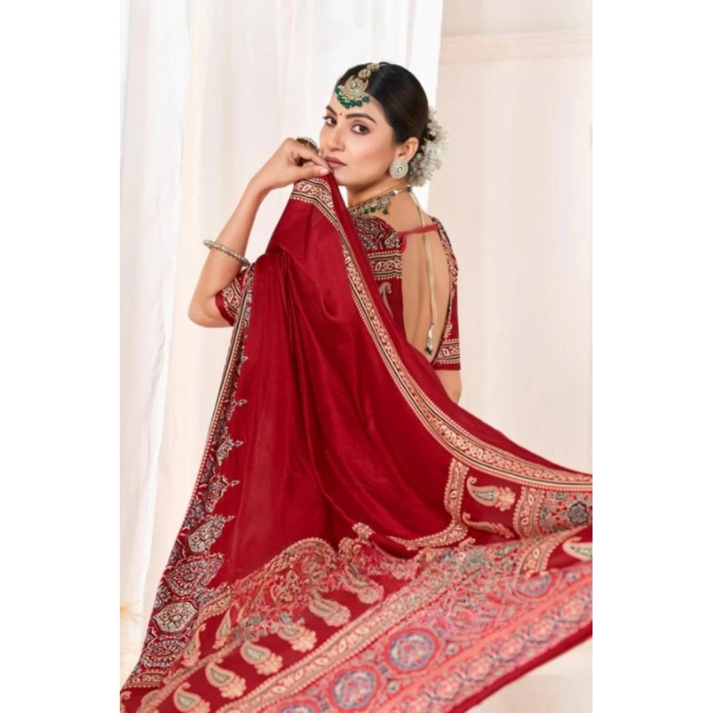 Snuggle Spot Women's Crepe Printed Saree With Unstitched Blouse 5.5Mtr (Maroon)