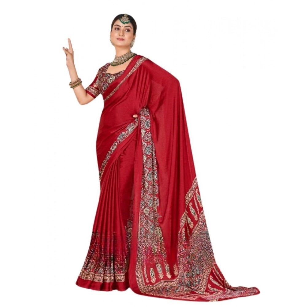 Snuggle Spot Women's Crepe Printed Saree With Unstitched Blouse 5.5Mtr (Maroon)