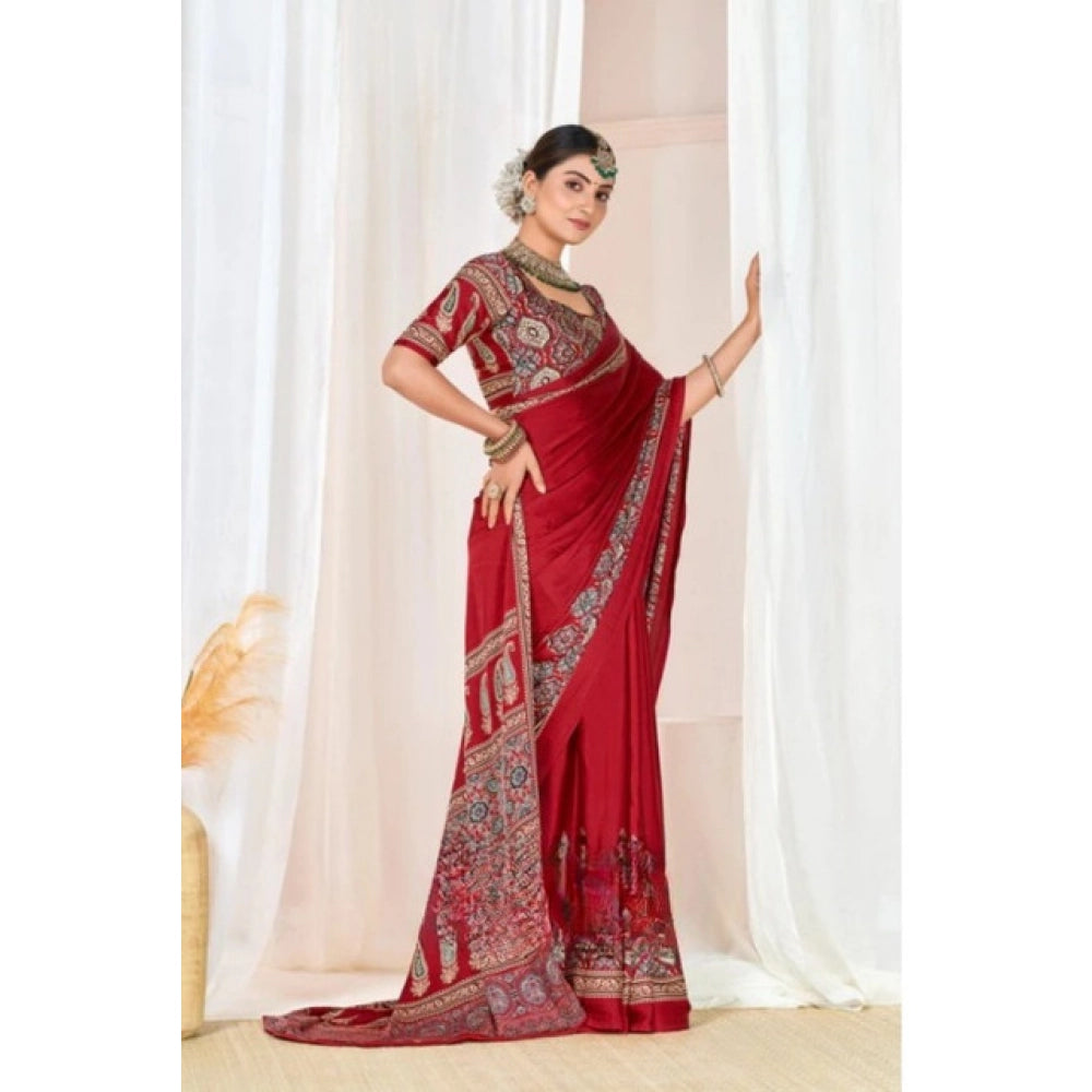 Snuggle Spot Women's Crepe Printed Saree With Unstitched Blouse 5.5Mtr (Maroon)