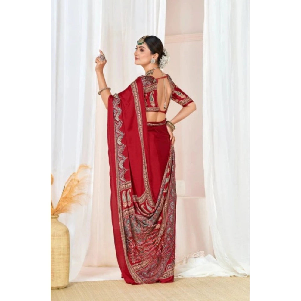 Snuggle Spot Women's Crepe Printed Saree With Unstitched Blouse 5.5Mtr (Maroon)