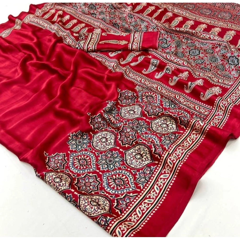 Snuggle Spot Women's Crepe Printed Saree With Unstitched Blouse 5.5Mtr (Maroon)