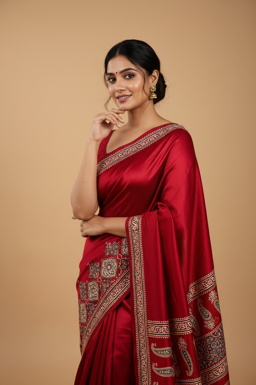 Snuggle Spot Women's Crepe Printed Saree With Unstitched Blouse 5.5Mtr (Maroon)
