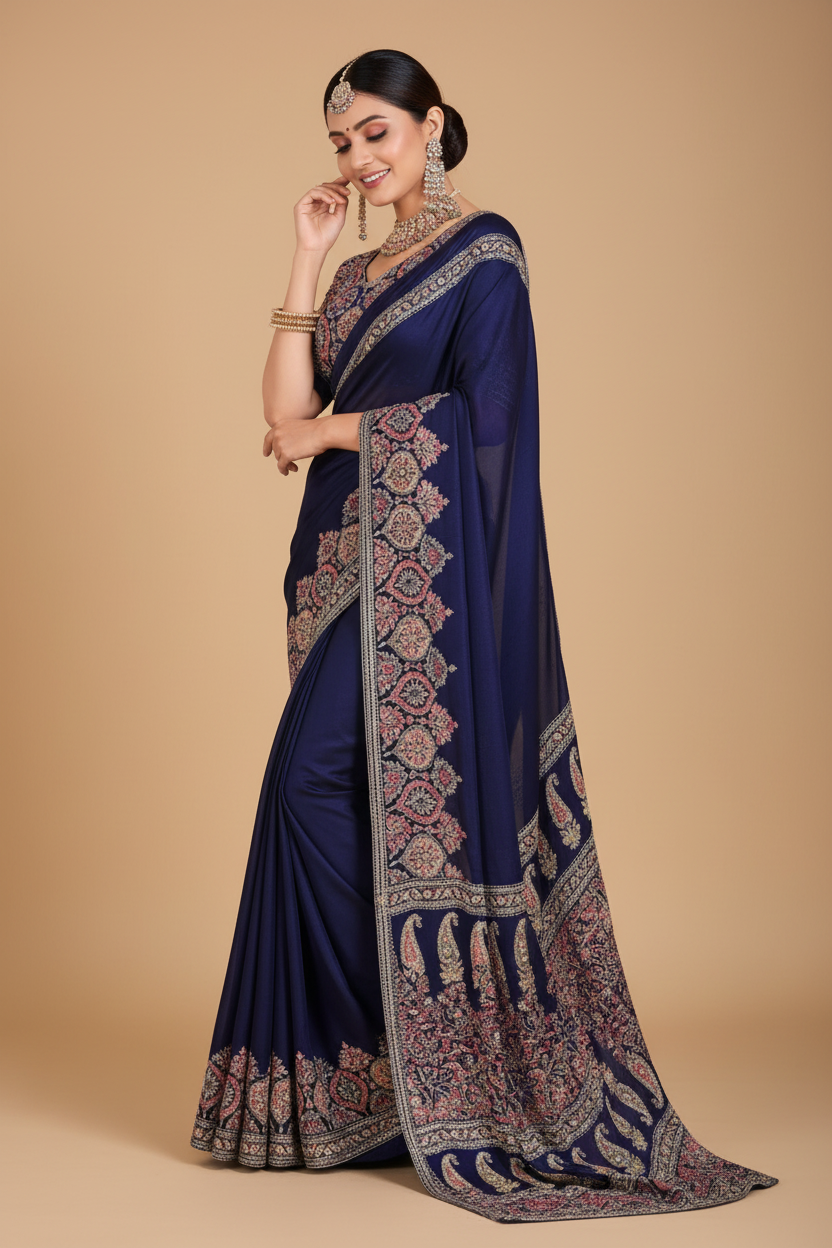 Snuggle Spot Women's Crepe Printed Saree With Unstitched Blouse 5.5Mtr (Navy Blue)