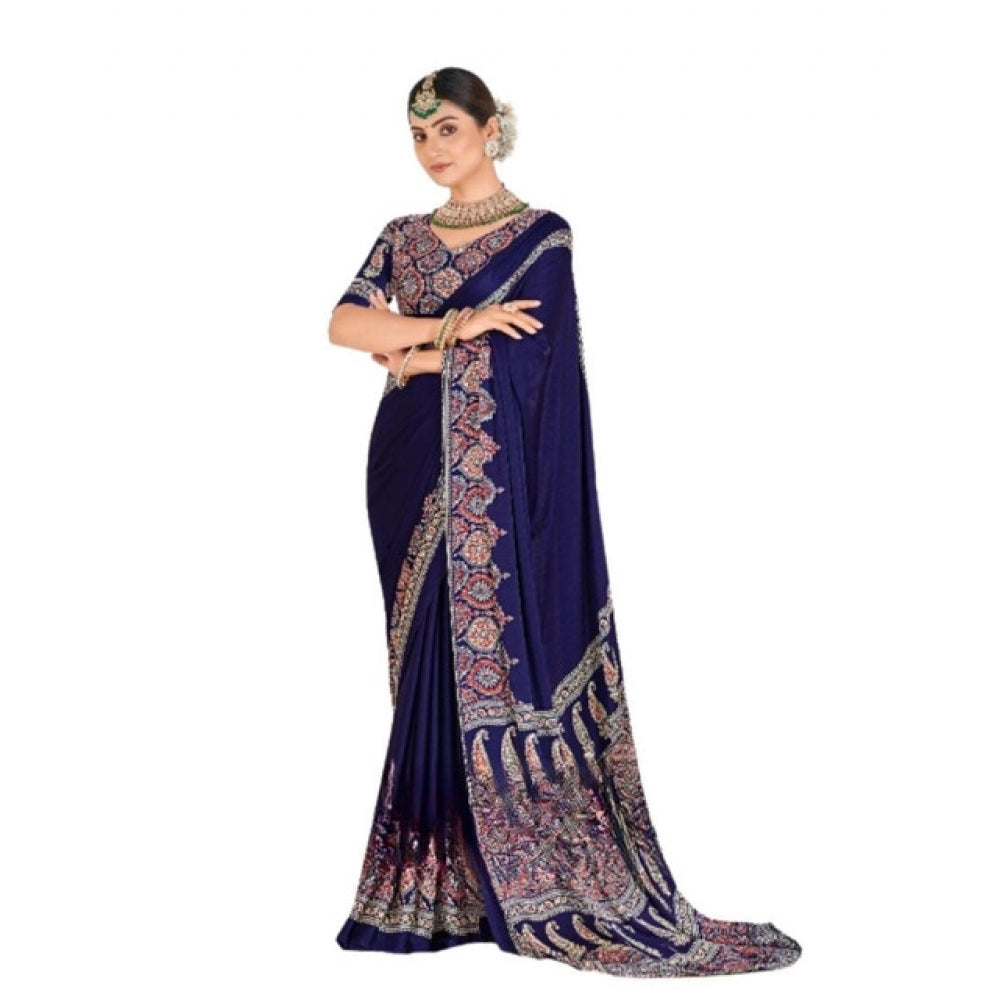 Snuggle Spot Women's Crepe Printed Saree With Unstitched Blouse 5.5Mtr (Navy Blue)