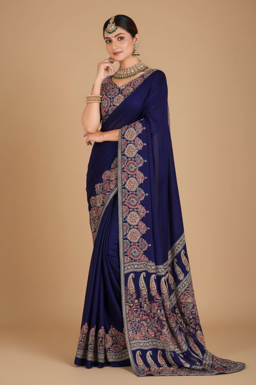 Snuggle Spot Women's Crepe Printed Saree With Unstitched Blouse 5.5Mtr (Navy Blue)