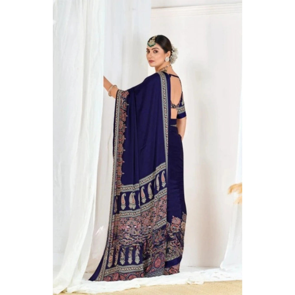 Snuggle Spot Women's Crepe Printed Saree With Unstitched Blouse 5.5Mtr (Navy Blue)