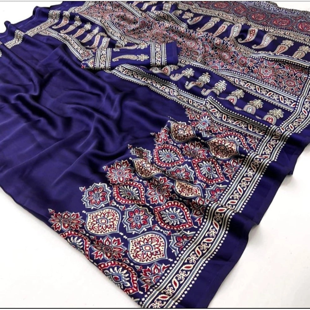 Snuggle Spot Women's Crepe Printed Saree With Unstitched Blouse 5.5Mtr (Navy Blue)