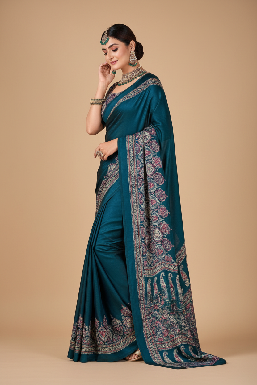 Snuggle Spot Women's Crepe Printed Saree With Unstitched Blouse 5.5Mtr (Teal)