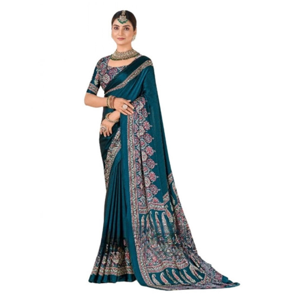 Snuggle Spot Women's Crepe Printed Saree With Unstitched Blouse 5.5Mtr (Teal)