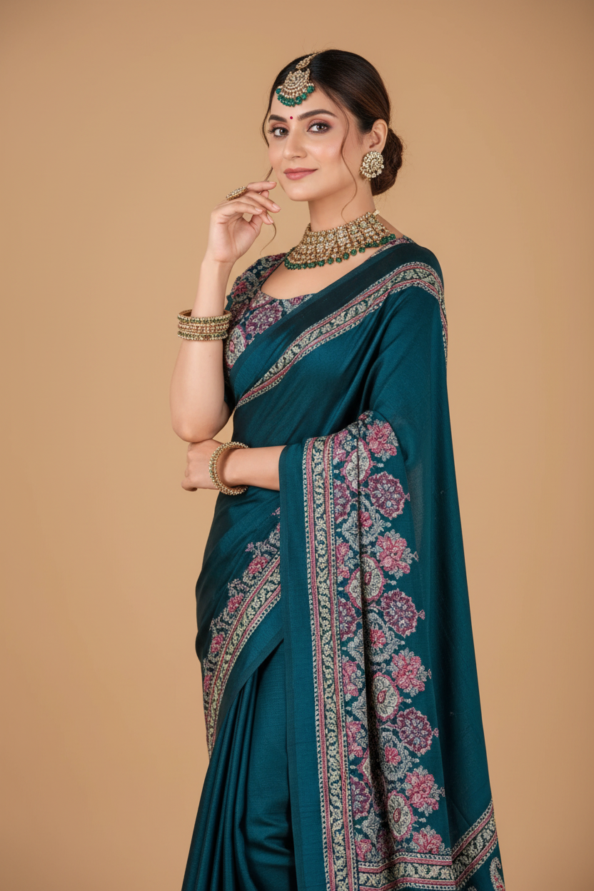 Snuggle Spot Women's Crepe Printed Saree With Unstitched Blouse 5.5Mtr (Teal)