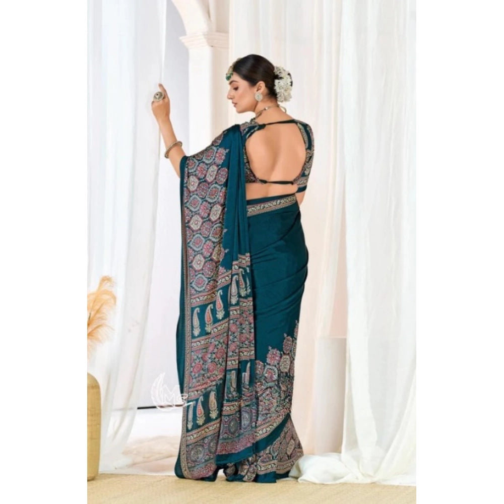 Snuggle Spot Women's Crepe Printed Saree With Unstitched Blouse 5.5Mtr (Teal)