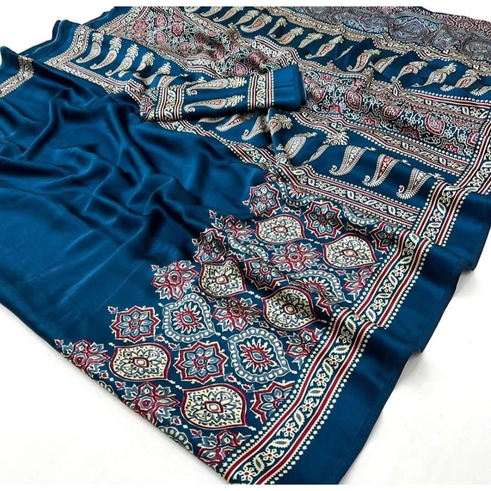Snuggle Spot Women's Crepe Printed Saree With Unstitched Blouse 5.5Mtr (Teal)