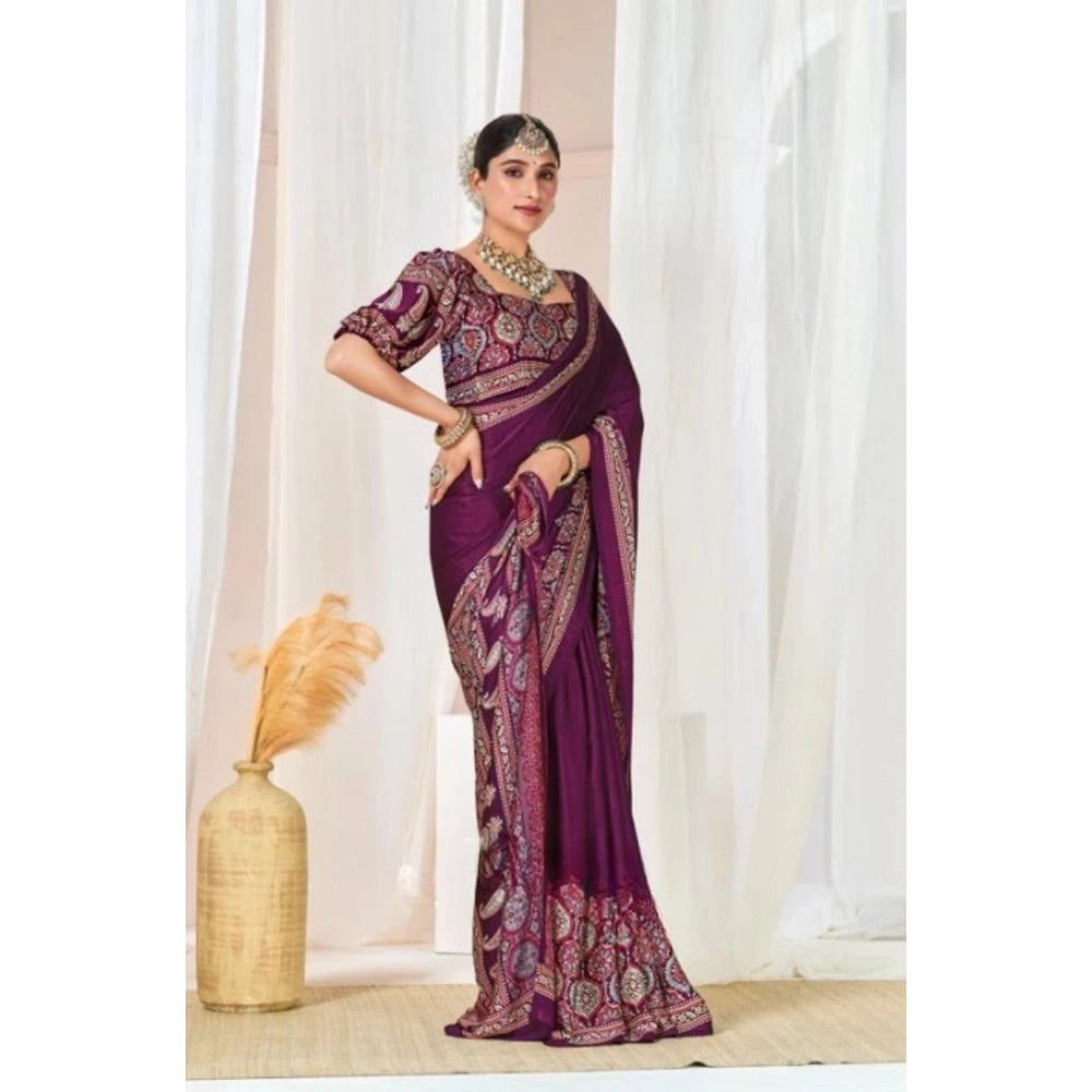 Snuggle Spot Women's Crepe Printed Saree With Unstitched Blouse 5.5Mtr (Wine)