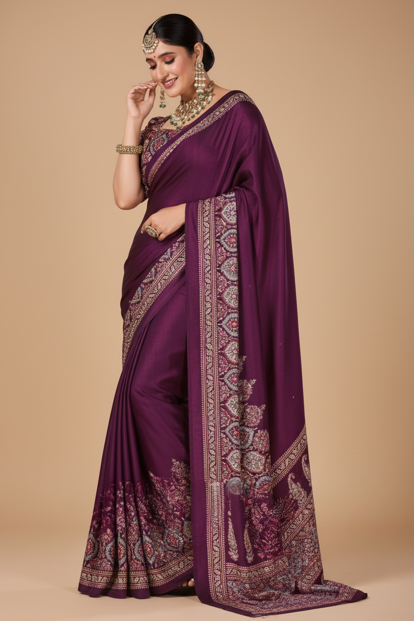 Snuggle Spot Women's Crepe Printed Saree With Unstitched Blouse 5.5Mtr (Wine)