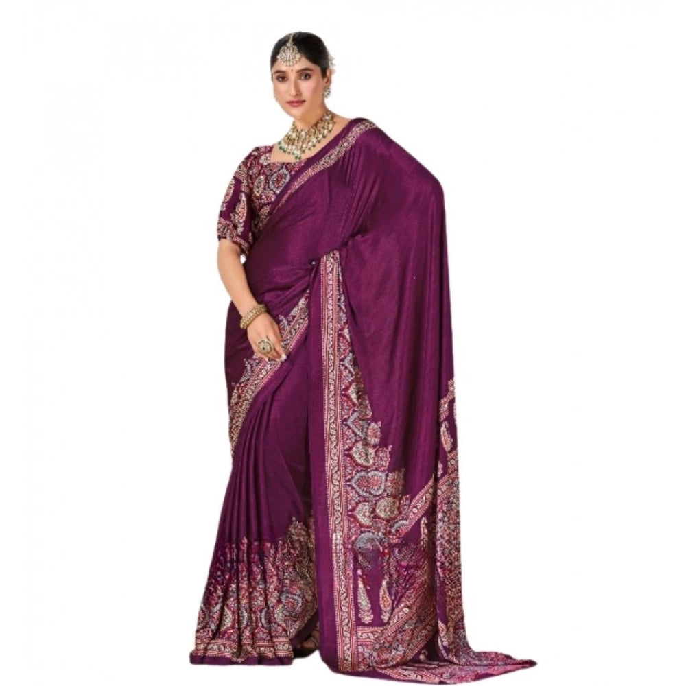 Snuggle Spot Women's Crepe Printed Saree With Unstitched Blouse 5.5Mtr (Wine)