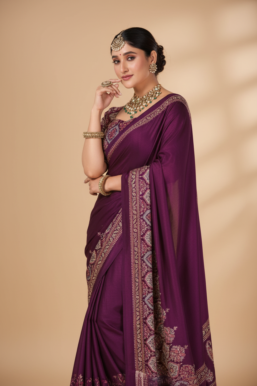 Snuggle Spot Women's Crepe Printed Saree With Unstitched Blouse 5.5Mtr (Wine)