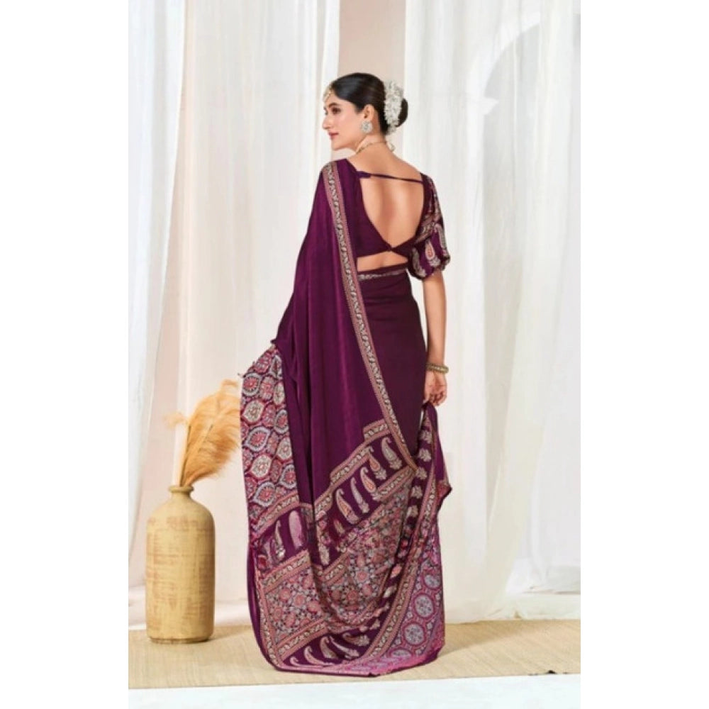 Snuggle Spot Women's Crepe Printed Saree With Unstitched Blouse 5.5Mtr (Wine)
