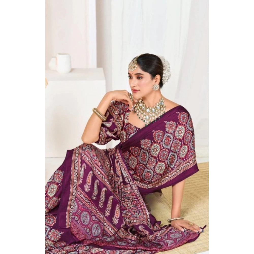 Snuggle Spot Women's Crepe Printed Saree With Unstitched Blouse 5.5Mtr (Wine)