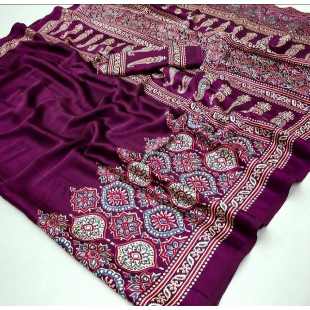 Snuggle Spot Women's Crepe Printed Saree With Unstitched Blouse 5.5Mtr (Wine)